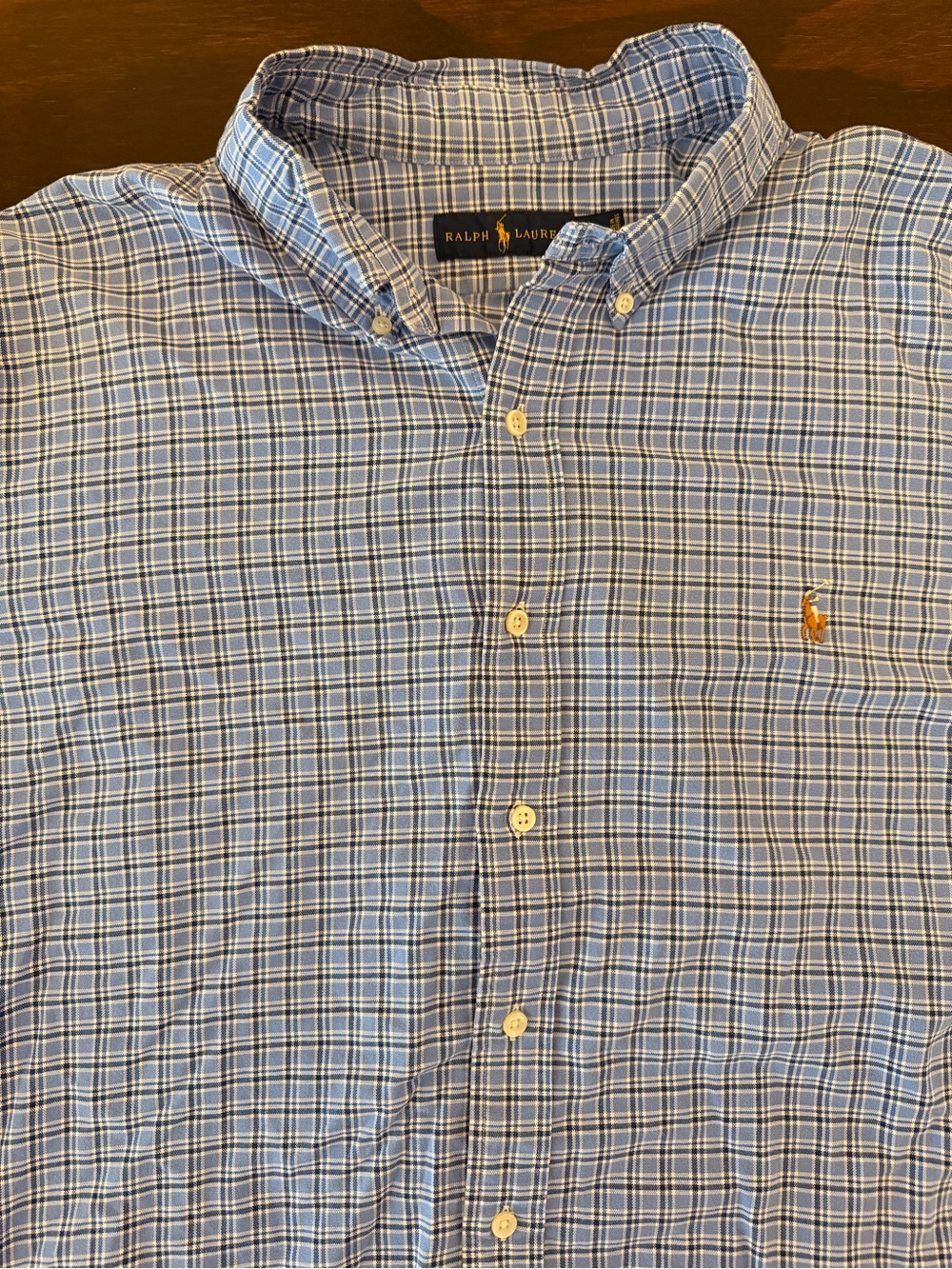 Ralph Lauren Light Blue Plaid Button-Down Shirt with Orange Pony